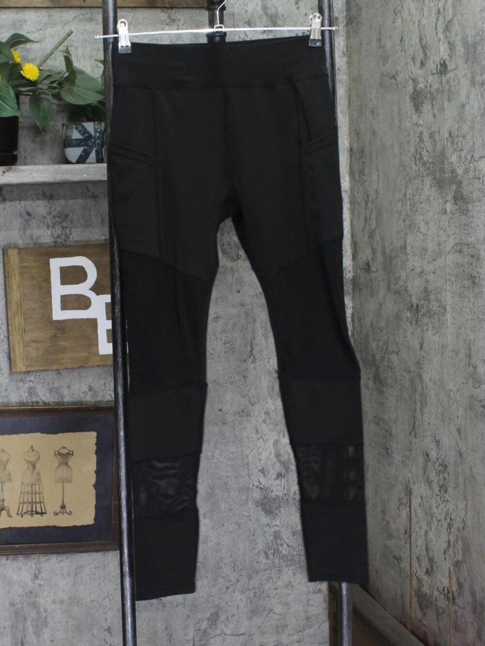Pop Fit Womens Knit Mesh Blocked Ponte Leggings Pull On Black L